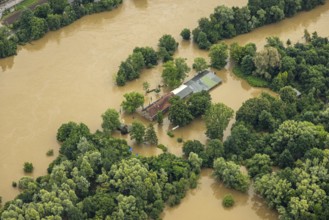 Aerial photograph, Ruhr flood, flooding, flooded ferry house Rote Mühle, Heisingen, Essen, Ruhr