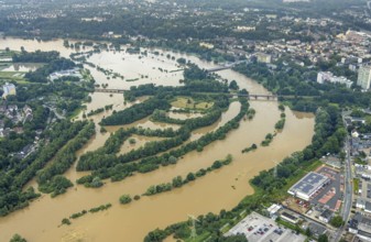 Aerial photo, Ruhr flood, flooding, Ruhrschleife Überruhr, Essen-Steele, Essen, Ruhr area, North
