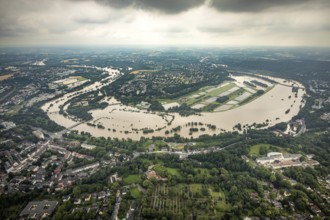 Aerial photo, Ruhr flood, flooding, Ruhrschleife Überruhr, Essen-Steele, Essen, Ruhr area, North