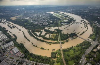 Aerial photo, Ruhr flood, flooding, Ruhrschleife Überruhr, Essen-Steele, Essen, Ruhr area, North