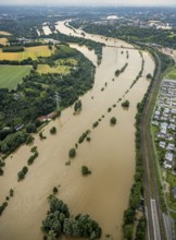 Aerial photo, Ruhr flood, flooding, Dahlhausen, Essen, Ruhr area, North Rhine-Westphalia, Germany,