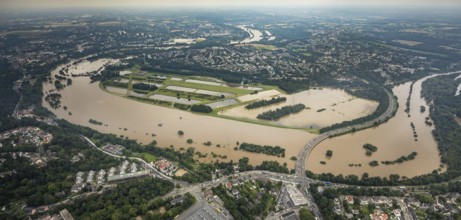 Aerial photo, Ruhr flood, flooding, Ruhrschleife Überruhr, Essen-Steele, Essen, Ruhr area, North