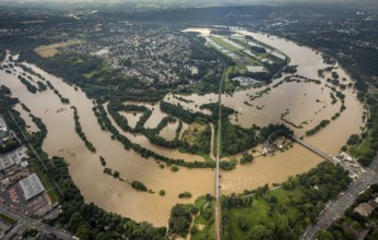 Aerial photograph, Ruhr flood, flooding, Ruhrschleife Überruhr, Essen-Steele, Essen, Ruhr area,