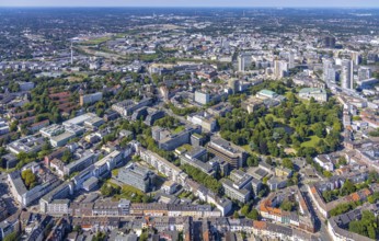 Aerial view, city centre view Essen with demolition Ypsilon-Haus of RWE headquarters Essen and city