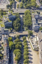 Aerial view, Grugaplatz and Grugaweg with bridge Rüttenscheider Straße, fabric market at the trade