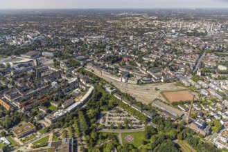 Aerial view, city centre view, Grugaplatz and Grugaweg with bridge Rüttenscheider Straße, fabric