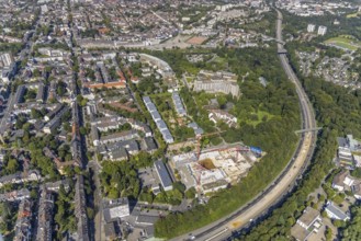 Aerial view, construction site and new construction of apartment buildings on Manfredstraße and