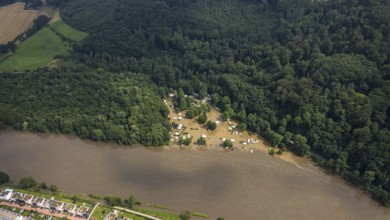 Aerial photo, Ruhr flood, flooding, Cammerzell campsite, Kettwig, Essen, Ruhr area, North