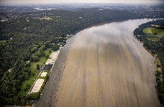 Aerial photo, Ruhr flood, flooding, Lake Baldeney with oil discolouration on the water surface,