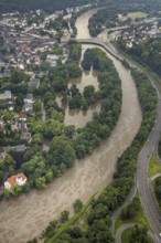 Aerial photograph, Ruhr flood, flooding, flooded Brehminsel Essen-Werden, Essen-Bredeney, Essen,
