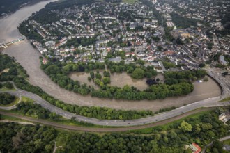 Aerial photograph, Ruhr flood, flooding, flooded Brehminsel Essen-Werden, Essen-Bredeney, Essen,