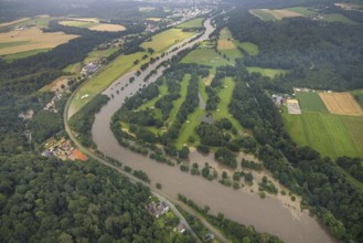 Aerial photograph, Ruhr flood, flooding, Kettwig, Essener Golf Club Haus Oefte e.V., Essen, Ruhr