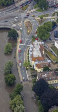Aerial photo, Ruhr floods, floods at Laupendahler Landstraße in Essen-Werden, Werden, Essen, Ruhr