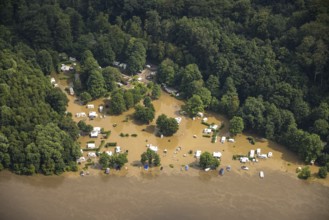 Aerial photo, Ruhr flood, flooding, Cammerzell campsite, Kettwig, Essen, Ruhr area, North