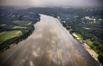 Aerial photo, Ruhr flood, flooding, Lake Baldeney with oil discolouration on the water surface,