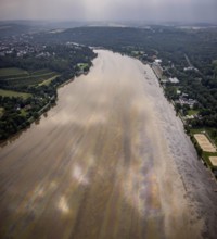 Aerial photo, Ruhr flood, flooding, Lake Baldeney with oil discolouration on the water surface,