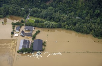 Aerial photo, Ruhr flood, flooding, Kettwig, Essen, Ruhr area, North Rhine-Westphalia, Germany, DE,