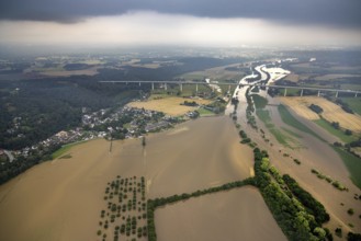 Aerial photo, Ruhr flood, flooding, Kettwig, Essen, Ruhr area, North Rhine-Westphalia, Germany, DE,