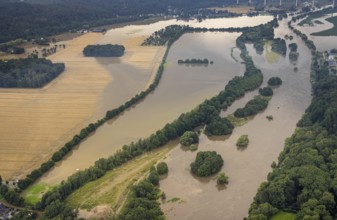 Aerial photo, Ruhr flood, flooding, Ruhr between Essen-Kettwig and Mülheim on the A52 motorway