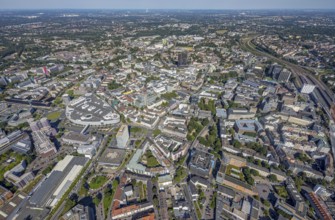 Aerial view, townscape city with Limbecker Platz and Funke Mediengruppe in the city centre in