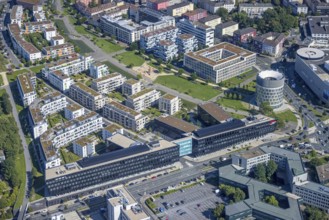 Aerial view, Green Centre Essen with Funke Media Group in the city centre, Essen, Ruhr area, North