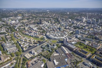 Aerial view, townscape city with Limbecker Platz and Funke Media Group as well as Essen Employment