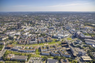 Aerial view, townscape city with Limbecker Platz and Funke Media Group as well as Essen Employment