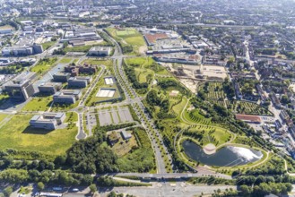 Aerial view, thyssenkrupp Quarter Corporate Headquarters with Krupp Park in the West Quarter in