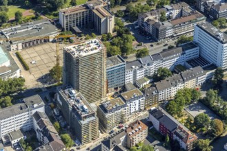 Aerial view, Philharmonie Essen and construction site new building complex with residential tower