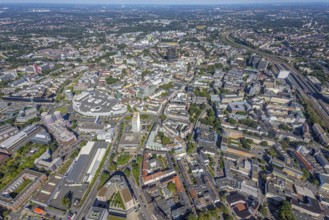 Aerial view, townscape city with Limbecker Platz and Funke Mediengruppe in the city centre in