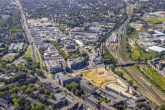 Aerial view, construction site new literature quarter for offices and flats on Sachsenstraße with