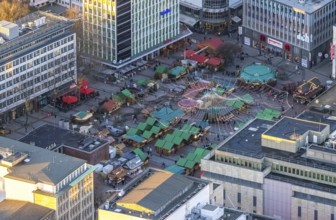 Aerial view, Christmas market at Kennedyplatz in the city centre of Essen, Ruhr area, North