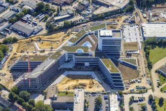 Aerial view, construction site and new construction ALDI-Nord Campus on the A40 motorway, Am