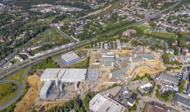 Aerial view, construction site and new construction ALDI-Nord Campus on the A40 motorway, Am