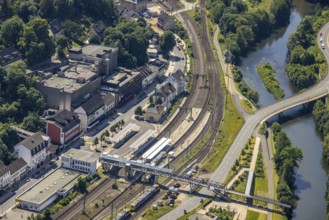 Aerial view, Finnentrop railway station with pedestrian bridge, Finnentrop, Sauerland, North
