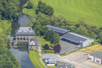 Aerial view, run-of-river power plant Lenhausen, river Lenne and Obergraben, Frielentrop,