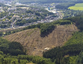 Aerial view, forest area with forest damage at Habbecker Berg, Frielentrop, Finnentrop, Sauerland,