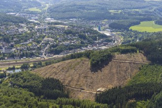 Aerial view, forest area with forest damage at Habbecker Berg, Frielentrop, Finnentrop, Sauerland,