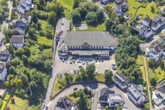 Aerial view, festival hall Finnentrop Bürgerschützenverein, Finnentrop, Sauerland, North