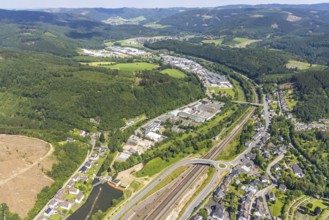 Aerial view, railway tracks Am Bahnhof Finnentrop, industrial area Industriestraße, Finnentrop,