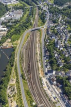 Aerial view, railway tracks with freight wagons at Finnentrop station, Finnentrop, Sauerland, North