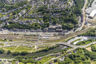 Aerial view, Finnentrop railway station with pedestrian bridge, Finnentrop, Sauerland, North
