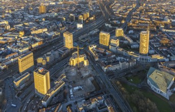 Aerial view, demolition Ypsilon-Haus of the RWE headquarters Essen in the Huyssenallee, planned new