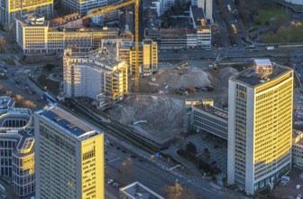 Aerial view, demolition Ypsilon-Haus of the RWE headquarters Essen in the Huyssenallee, planned new
