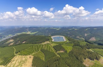 Aerial view, pumped-storage power station upper reservoir, Schönholthausen, Finnentrop, Sauerland,