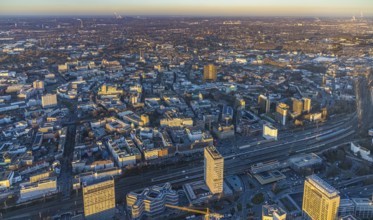 Aerial view, city centre view with central station in the city centre in Essen, Ruhr area, North