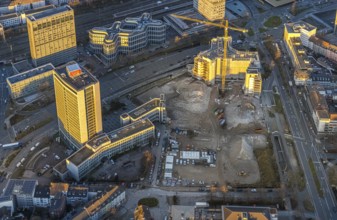 Aerial view, demolition Ypsilon-Haus of the RWE headquarters Essen in the Huyssenallee, planned new