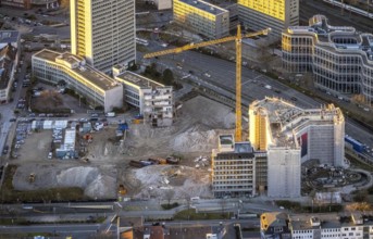 Aerial view, demolition Ypsilon-Haus of RWE headquarters Essen in Huyssenallee, planned new