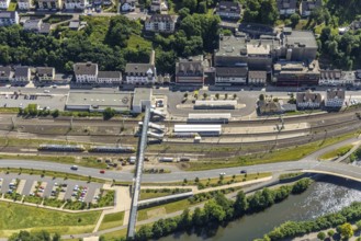 Aerial view, Finnentrop railway station with pedestrian bridge, Finnentrop, Sauerland, North