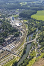 Aerial view, Finnentrop railway station with pedestrian bridge, Finnentrop, Sauerland, North